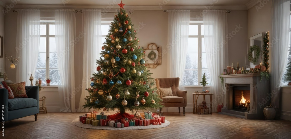 Large Christmas tree with a variety of colorful ornaments and lights, large christmas tree, colorful ornaments Large Christmas tree with a variety of colorful ornaments and lights, large christmas tree, colorful ornaments