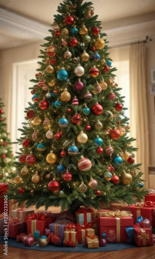 Large decorated evergreen tree with ornaments and gifts in the background, red berries, gift wrapping Large decorated evergreen tree with ornaments and gifts in the background, red berries, gift wrapping