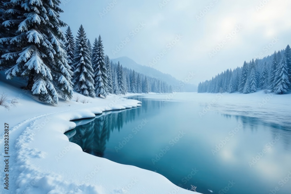 Obraz premium A frozen lake in the distance amidst a forest of snow-covered trees, ice, distance, forest