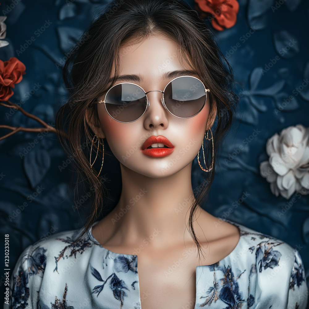 Elegant portrait of a woman in floral attire indoor studio fashion photography romantic ambiance close-up perspective beauty concept Elegant portrait of a woman in floral attire indoor studio fashion photography romantic ambiance close-up perspective beauty concept
