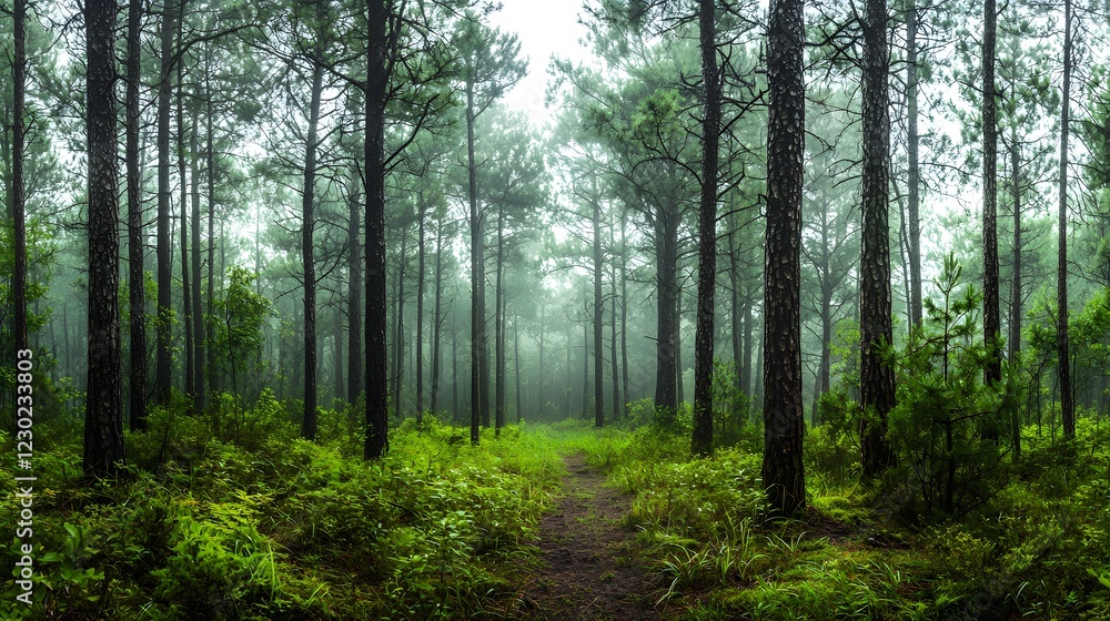 Serene and Lush Evergreen Forest with Winding Dirt Path Leading Through Towering Trees and Flourishing Foliage in a Tranquil and Scenic Natural Landscape Serene and Lush Evergreen Forest with Winding Dirt Path Leading Through Towering Trees and Flourishing Foliage in a Tranquil and Scenic Natural Landscape