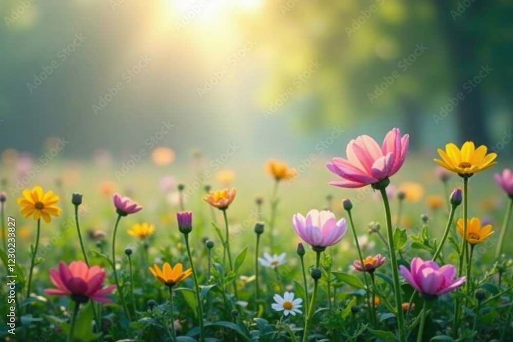 A patch of wildflowers blooms in the misty morning air, soft focus, morning, mist A patch of wildflowers blooms in the misty morning air, soft focus, morning, mist