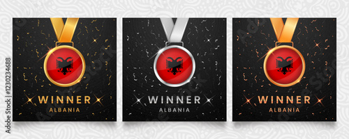 Albania Winner set. Medals featuring the Albania flag design, displayed on a dark background with gold and silver confetti accents and sparkling highlights.