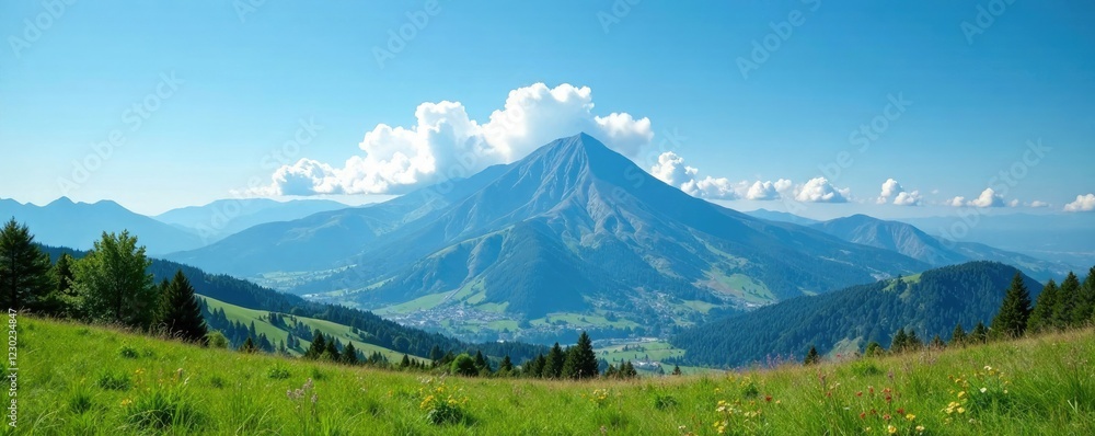 Low lying wispy cloud hiding behind a mountain range in the distance with a clear blue summer sky above, lying, vast, hiding Low lying wispy cloud hiding behind a mountain range in the distance with a clear blue summer sky above, lying, vast, hiding