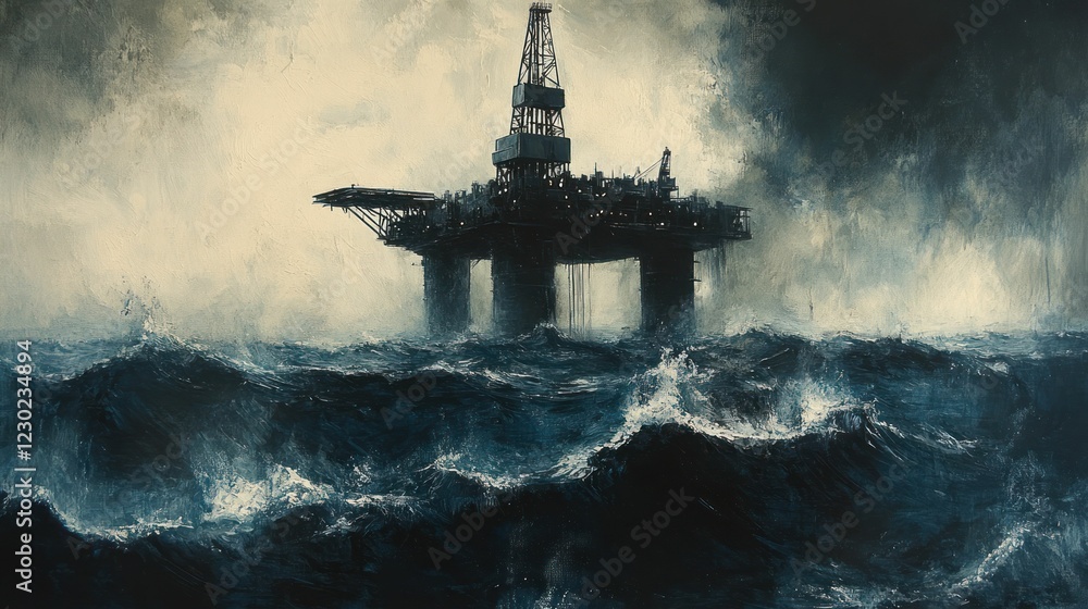 Fototapeta premium Oil rig endures stormy ocean waves.