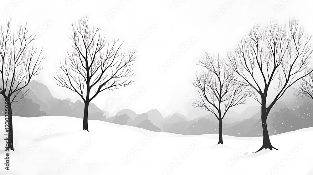 Fototapeta premium Winter scene with bare trees, snow, misty mountain views
