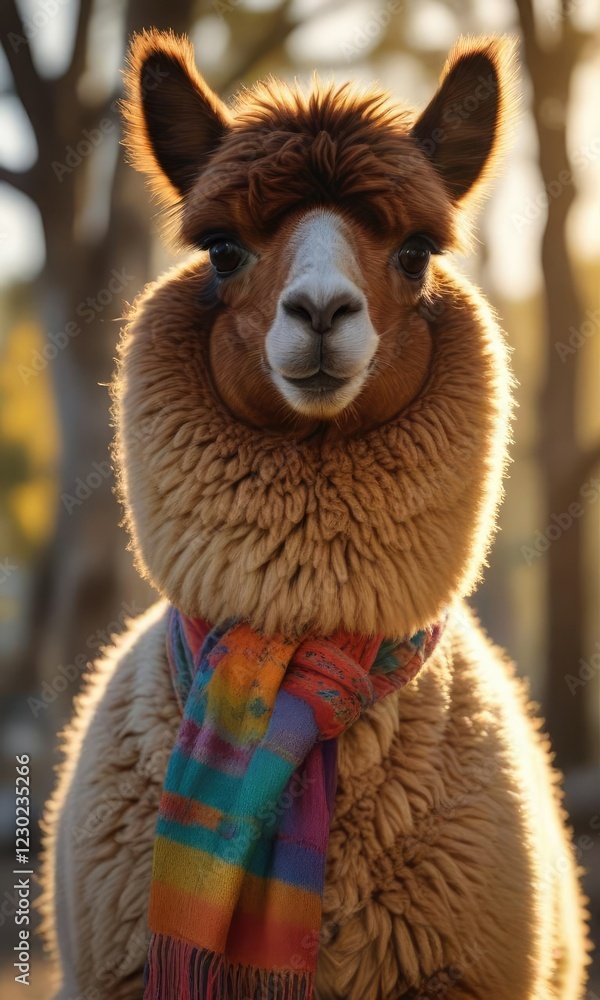 Obraz premium Soft and Warm Glow of an Alpaca in the Fading Light with a Colorful Scarf, calm, soft glow, relaxed