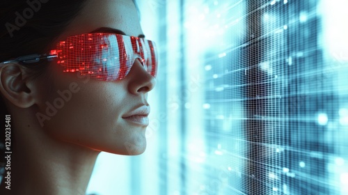 Futuristic female with digital glasses observing technology and data streams in a modern setting of virtual reality and innovation