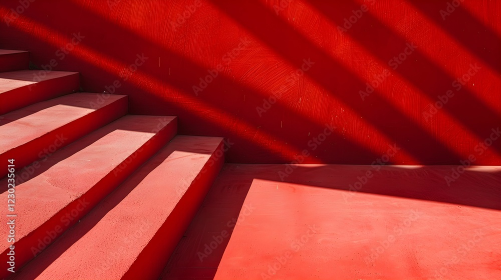 Fototapeta premium Shadows and red stairs highlight modern architectural elements in urban design