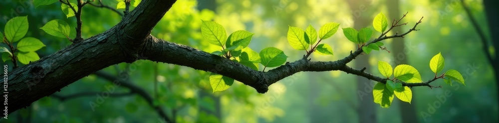 Obraz premium Crowns of vines and leaves entwined on a gnarled branch, morning, nature