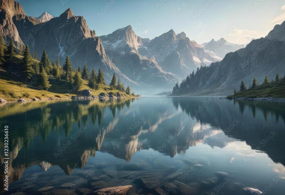 Fototapeta premium Majestic mountains reflected in the calm surface of a serene lake, tranquil, picturesque, solitude
