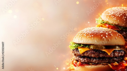 Celebrate National Cheeseburger Day with vibrant, glowing cheeseburgers and cheerful toppings on an elegant background