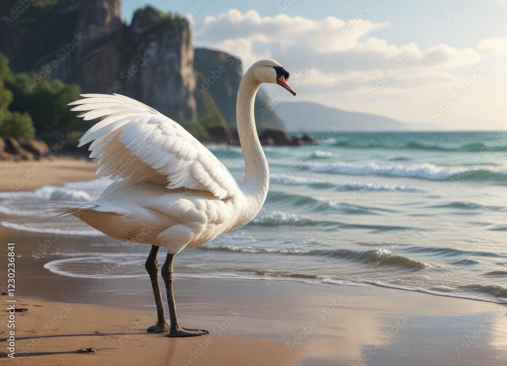 Obraz premium Majestic white swan standing gracefully on the seashore, feathers, water drops, elegance, beauty