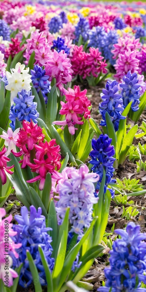Fototapeta premium Group multicolored blooming hyacinths. Spring landscape.
