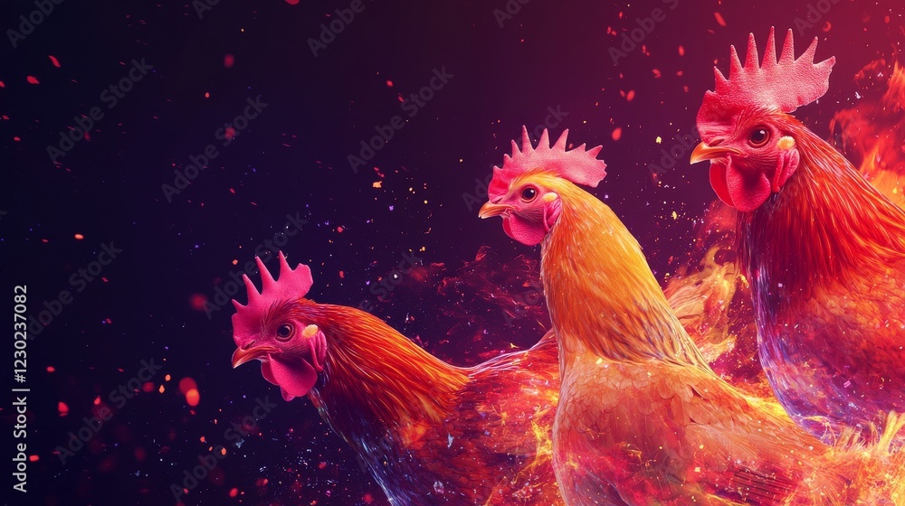 Fototapeta premium Celebrate Dance Like a Chicken Day with glowing chickens and cheerful characters dancing joyfully in a vibrant background