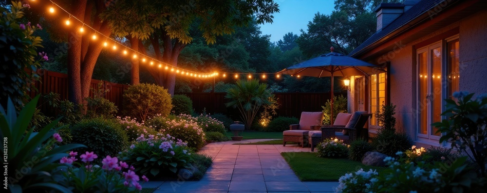 Flickering string lights adorn tranquil backyard oasis under starry evening, string lights, garden, flowers Flickering string lights adorn tranquil backyard oasis under starry evening, string lights, garden, flowers