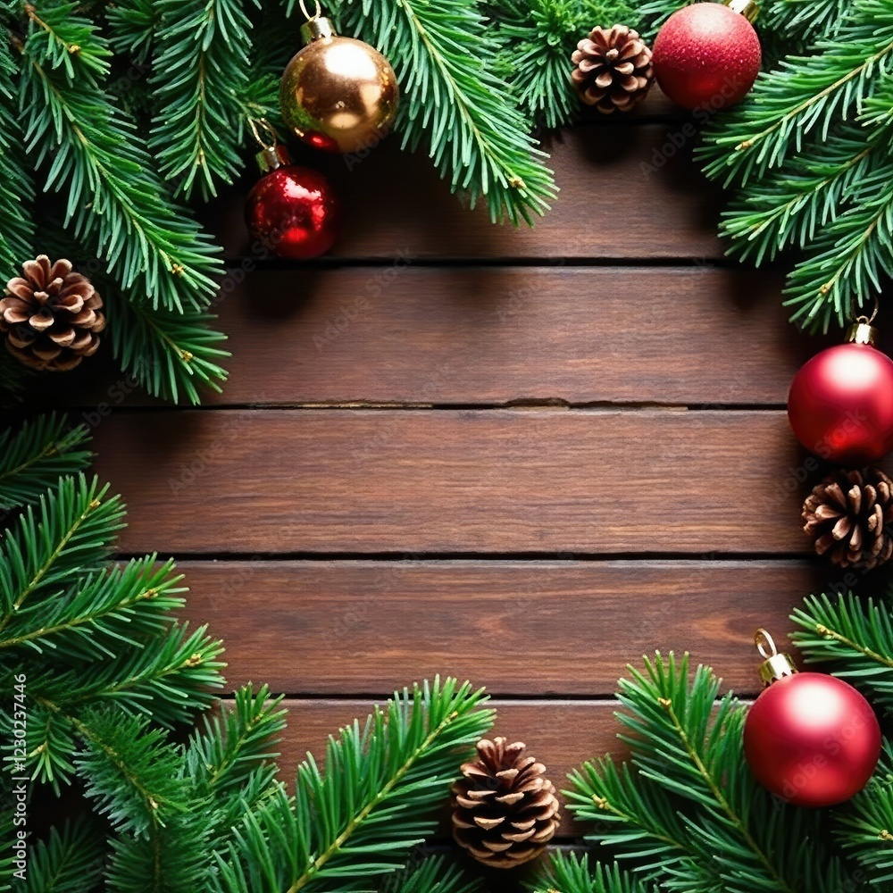 Fluffy green Christmas tree branches on a wooden table with pinecones and ornaments, winter, table, Christmas trees Fluffy green Christmas tree branches on a wooden table with pinecones and ornaments, winter, table, Christmas trees