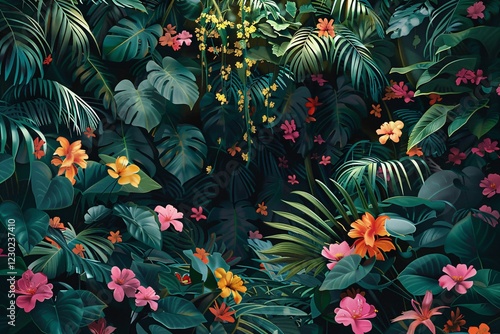 Vibrant tropical foliage showcases a variety of colorful flowers among lush greenery, creating a serene and inviting atmosphere, perfect for nature lovers and botanical enthusiasts