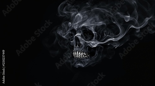 hauntingly surreal abstract digital art of creepy skull made of swirling smoke on dark background for eerie ghostly atmosphere
