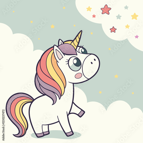 A cartoon unicorn with a rainbow mane stands serenely under a starry sky with clouds.