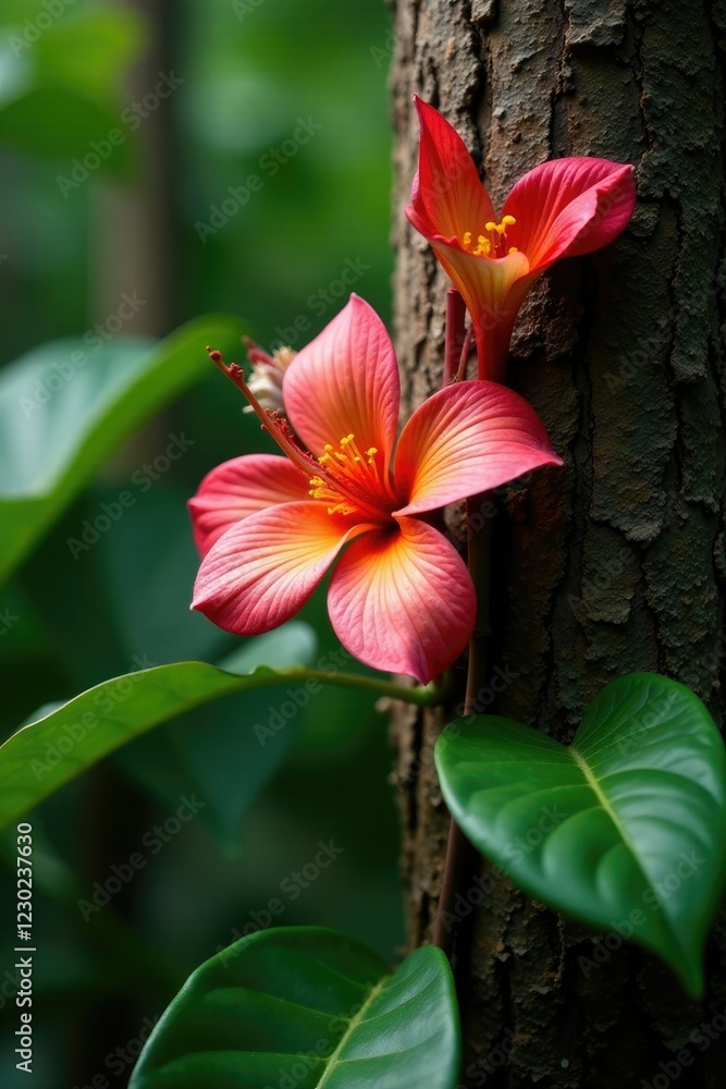 Fototapeta premium Foliage and Apocynaceae flowers on a tropical tree trunk, apocynaceae, tropical