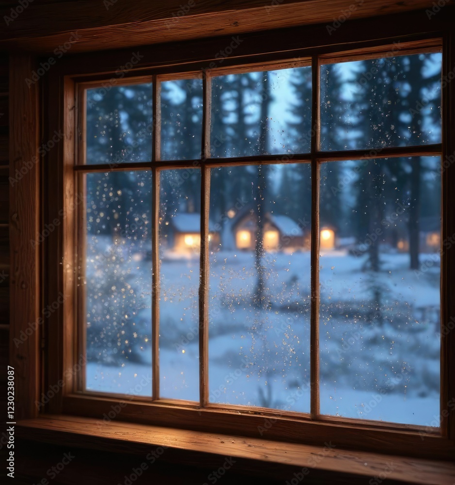 Fototapeta premium Sparkling bokeh lights reflecting off a frosty windowpane in a cozy cabin , sparkling lights, cozy interior, winter evening