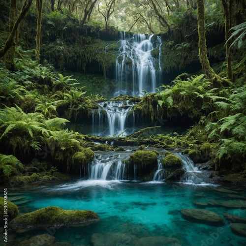 A fairytale-like waterfall in a mossy forest, cascading into a turquoise pool surrounded by lush greenery.