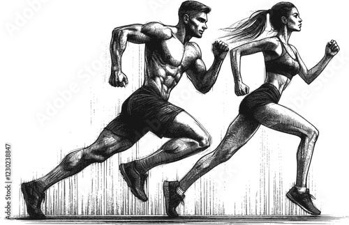 Running man and woman, isolated vector charcoal silhouettes. Run, side view. Charcoal sketches of athletic looking male and female runners running. EPS 10 version.