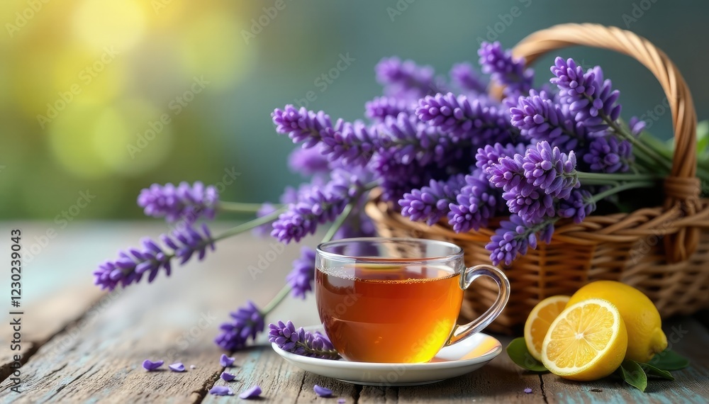 Freshly picked lavender in a basket with a steaming cup of lemon tea, serene, fragrant, soothing Freshly picked lavender in a basket with a steaming cup of lemon tea, serene, fragrant, soothing