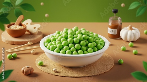 Fresh green peas in white bowl on brown table with chopsticks and garlic. photo