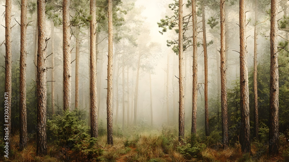 Naklejka premium Enchanting misty forest landscape with tall pine trees and winding pathway leading through a serene and mysterious natural setting inviting and adventure The moody