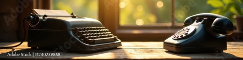Dusty typewriter and old phone on wooden surface Sunlit scene , retro, vintage technology