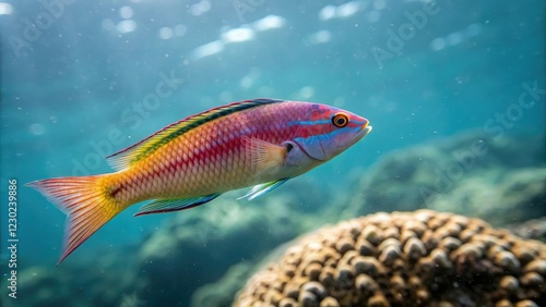 Pictichromis paccagnellorum swimming in open water, Aquatic Animal, Schooling Behavior, Tropical Fish, Open Water, Oceanic Environment photo