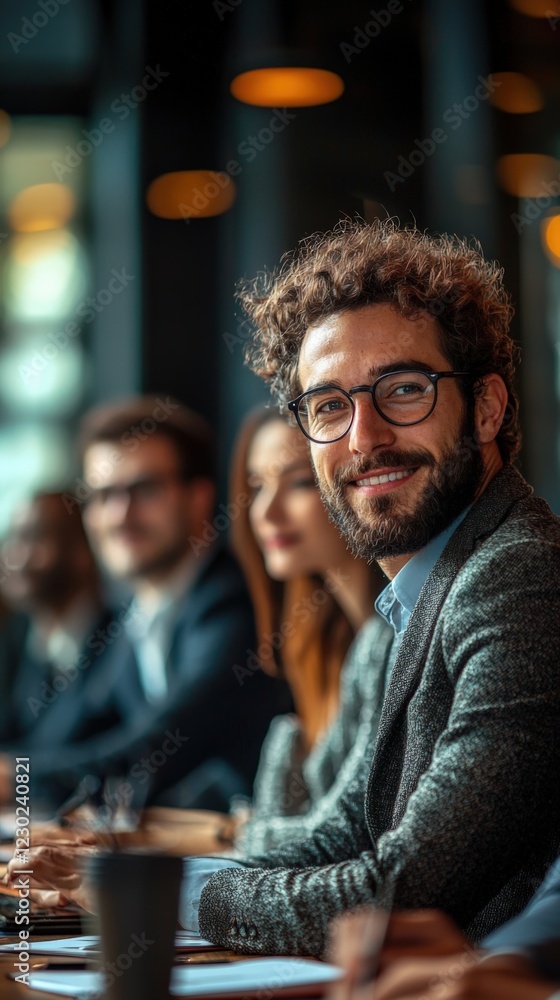 Confident Businessman Smiling at Meeting with Diverse Colleagues Confident Businessman Smiling at Meeting with Diverse Colleagues