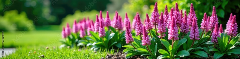Liriope plant in a garden bed with other plants, grasslike, companion planting Liriope plant in a garden bed with other plants, grasslike, companion planting