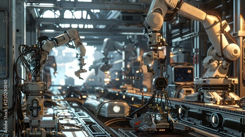 Robotic arms efficiently automating various industrial manufacturing processes in a modern high tech factory setting  Showcasing the advancement of automation technology in the industrial sector