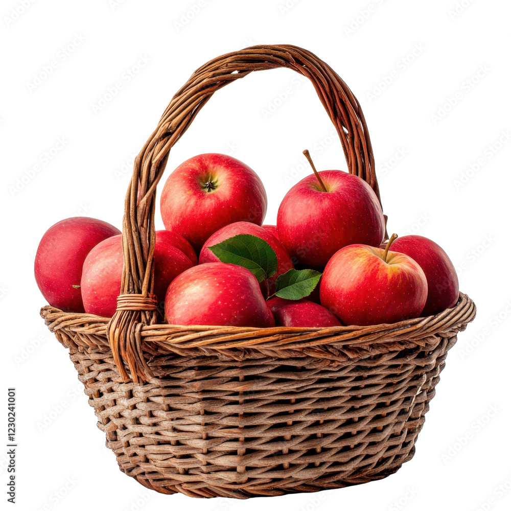 Fresh Red Apples in Woven Basket with Green Leaves Display Fresh Red Apples in Woven Basket with Green Leaves Display