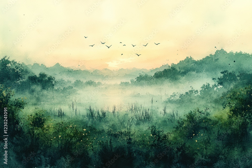 Serene misty forest sunrise birds fly above Serene misty forest sunrise birds fly above
