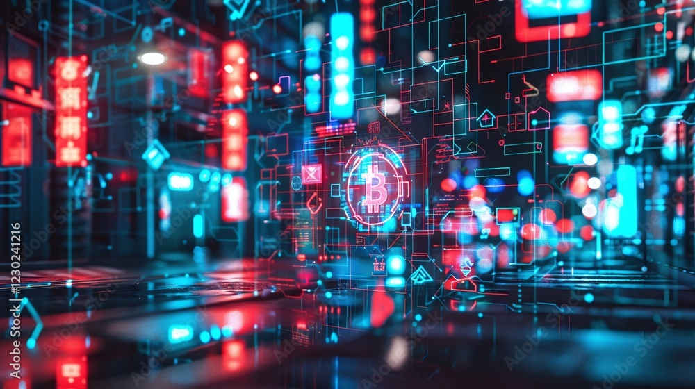 Vibrant and dynamic futuristic cityscape with glowing neon lights skyscrapers and a digital overlay interface filled with data code and simulated holographic elements Vibrant and dynamic futuristic cityscape with glowing neon lights skyscrapers and a digital overlay interface filled with data code and simulated holographic elements