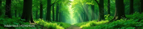 Lush green forest foliage with tall trees and dense undergrowth  vegetation  trees