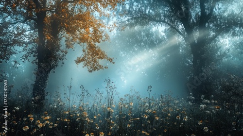 Wallpaper Mural Misty forest scene with sunbeams illuminating wildflowers. Torontodigital.ca