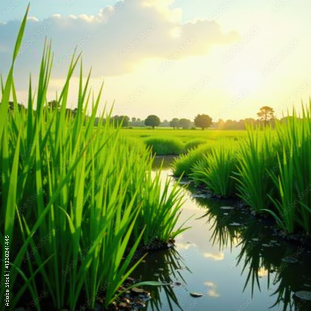 Obraz premium Lush green marsh grasses glowing softly with the fading light, grasslands, plants, foliage