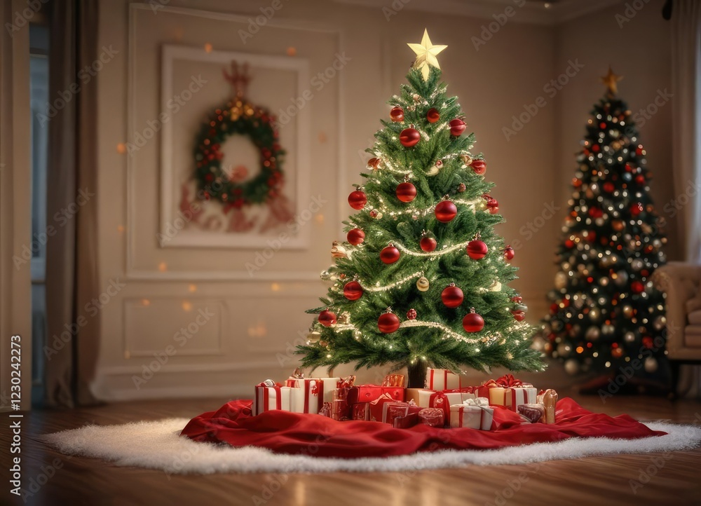 Ornament Adorned Christmas Tree with Bright Lights, festive atmosphere, frosty background, bright shining lights Ornament Adorned Christmas Tree with Bright Lights, festive atmosphere, frosty background, bright shining lights