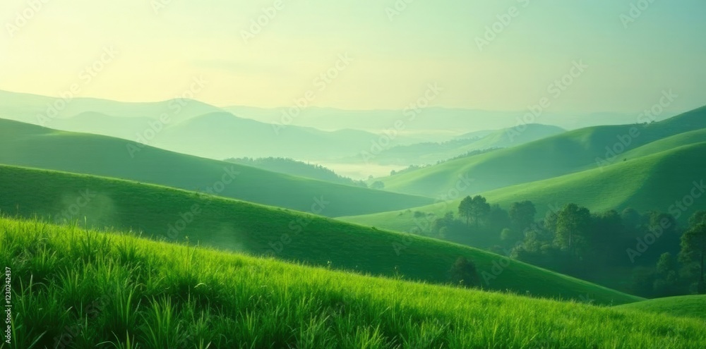 Rolling hills of emerald green amidst morning mist, hills, misty, soft light Rolling hills of emerald green amidst morning mist, hills, misty, soft light