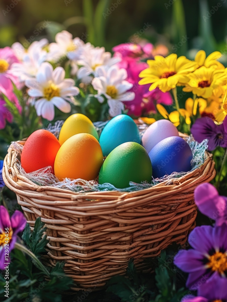 Easter eggs in a basket with flowers Easter eggs in a basket with flowers