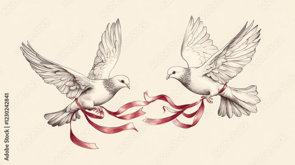 Obraz premium Elegant Doves with Flowing Ribbons in Flight