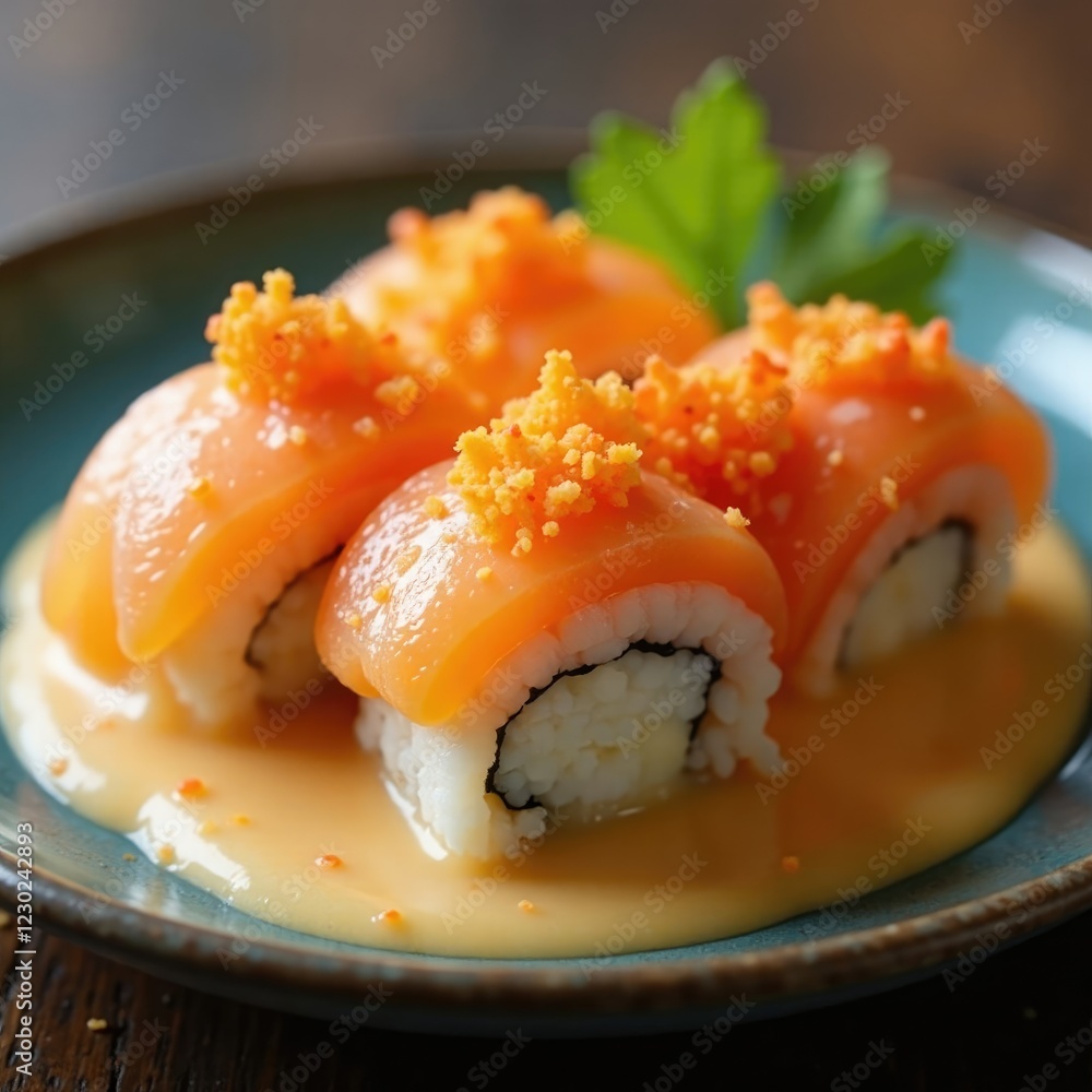 Salmon sushi topped with tobiko flakes in creamy sauce, crunchy, sushi Salmon sushi topped with tobiko flakes in creamy sauce, crunchy, sushi