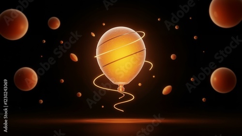 Golden planet orbiting with smaller planets in space.