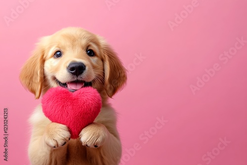 Cute golden retriever pooch with fluffy red heart - emblem of love, funny greeting card. Golden retriever - my beloved dog. Ad campaign creative. Valentine's day pet themes. Cute puppy love. photo