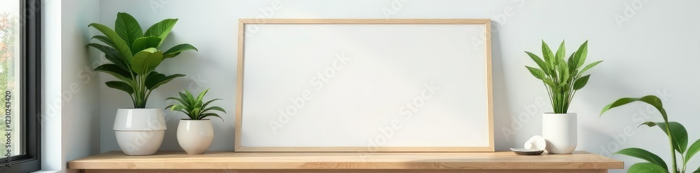 A minimalist workspace with a simple desk, a few plants, and a small whiteboard as the main focus, serene space, natural elements, simple desk A minimalist workspace with a simple desk, a few plants, and a small whiteboard as the main focus, serene space, natural elements, simple desk